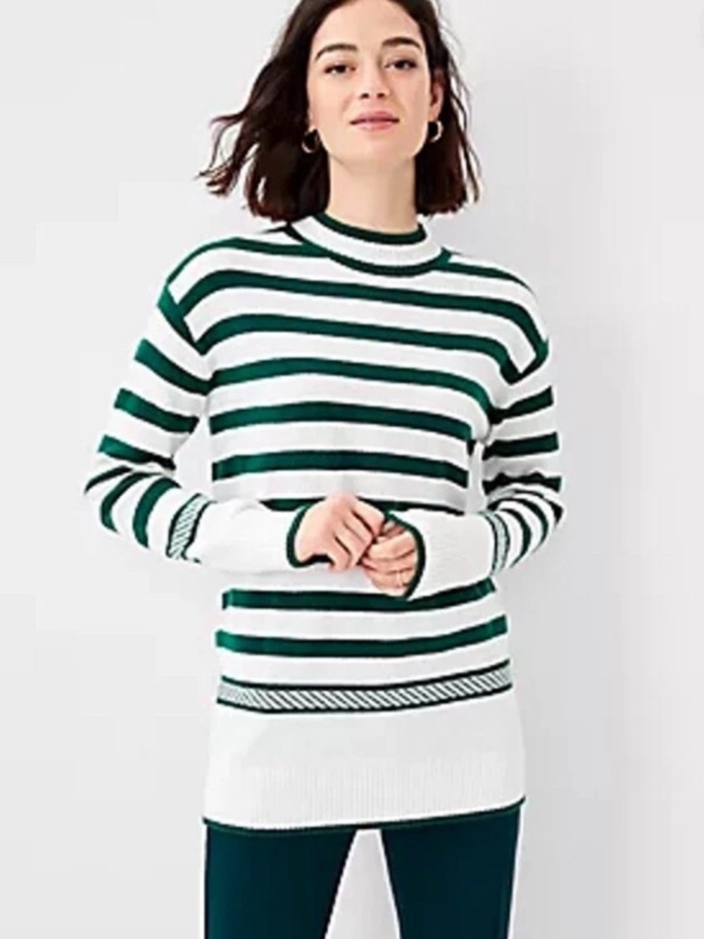 Ann Taylor mock neck sweater green white stripe small petite SP